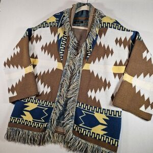 Threads By Nina Cardigan Shawl Fringed Collar Southwestern Geometric Pattern
